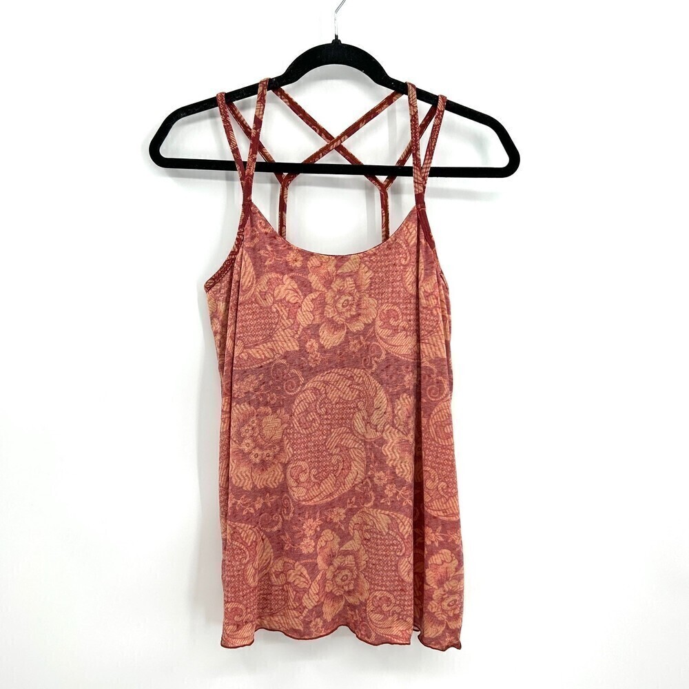 NWT CHASER Burnt Orange Paisley Floral Strappy Tank Top With Built In Bra Medium